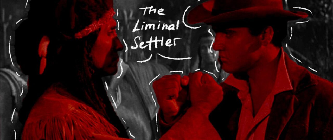 Graphic from the Settler Frames project depicting "The Liminal Settler" archetype, played by Elvis Presley at right.